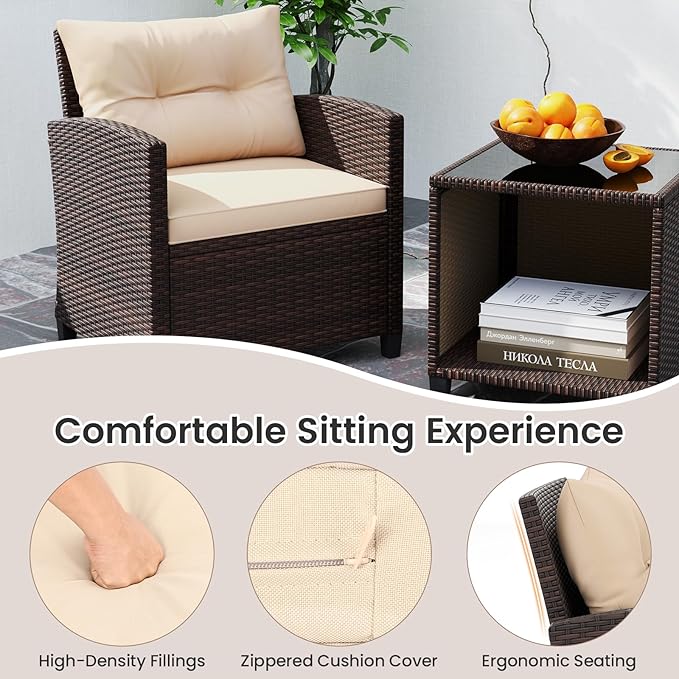 KOTEK 3 Piece Patio Furniture Set, Outdoor Conversation Set with Washable Cushions & Storage Table, PE Rattan Wicker Bistro Set for Porch, Backyard, Balcony (Beige)