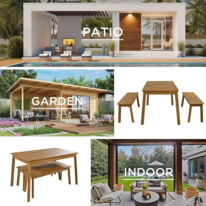 RUNNA 3 Pieces Acacia Wood Table Bench Dining Set for Outdoor & Indoor Furniture with 2 Benches, Picnic Beer Table for Patio, Porch, Garden, Poolside