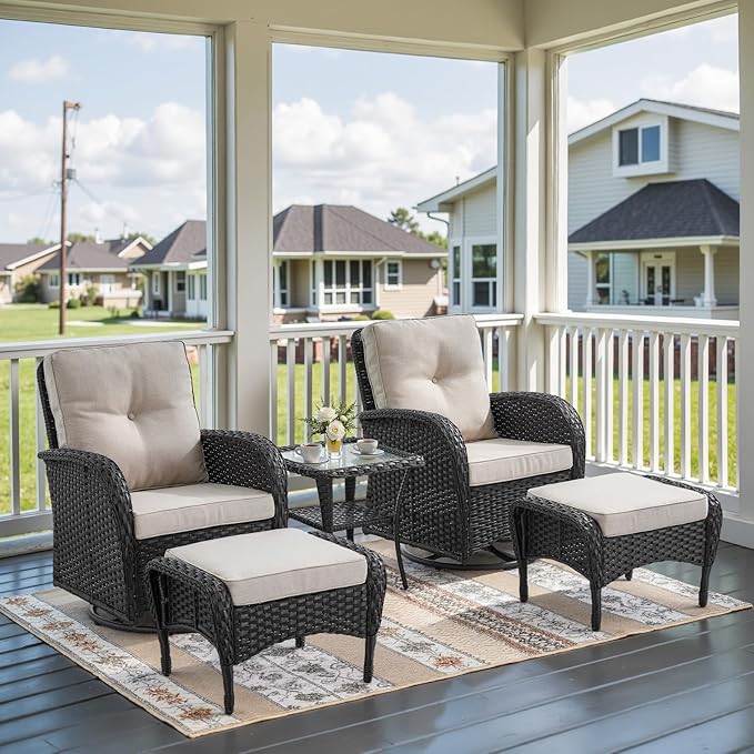 Belord 5 Piece Swivel Rocker Glider Outdoor Chairs Set of 2 with Ottoman and Glass Side Table Patio Bistro Furniture Set, Comfort High Back Wicker Patio Conversation Set for Deck Porch Sunroom