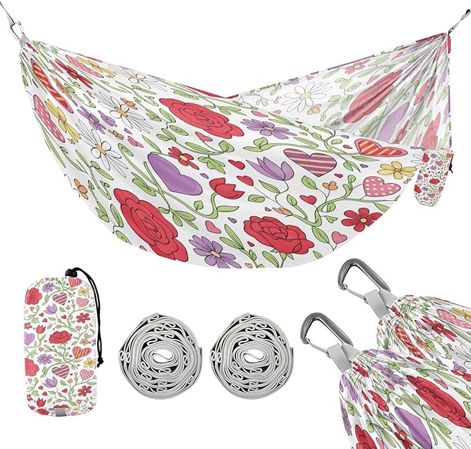 Hammocks for Outside Heart Flowers Camping Hammock Portable Hammocks with Tree Straps and Carry Bag Camping Accessories for Hiking Beach Outdoor
