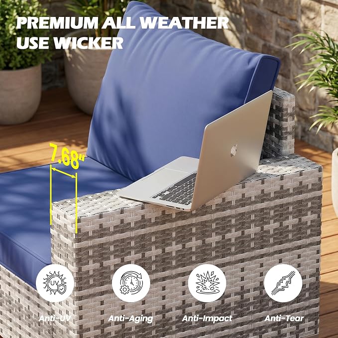 Vikiullf Wicker Patio Furniture Set, 5 Pieces Outdoor Conversation Set, Patio Sectional Sofa with 4" Thick Cushions, for Poolside Backyard Garden
