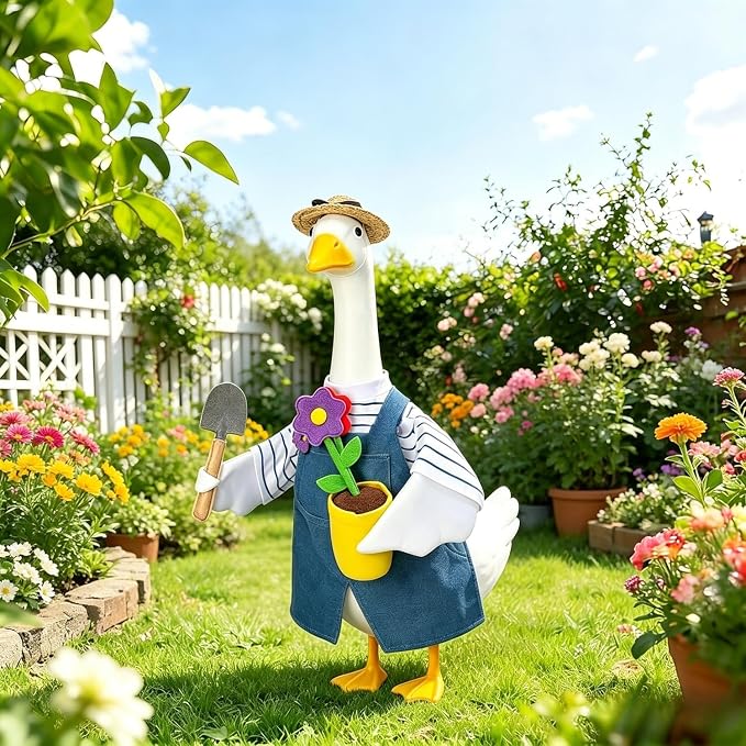 Gardener Goose Outfit, Fits Large 23" Goose Statue,Porch Goose Clothes with Hat, Flower Pot and Tiny Shovel Design, for Spring Summer Outdoor Garden Decor