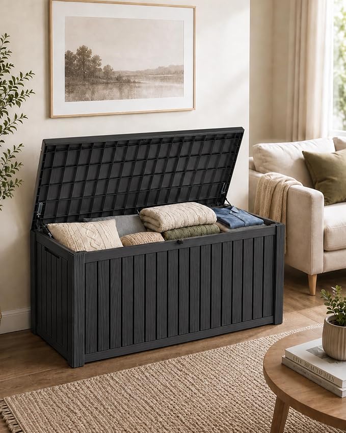 MAKINO 205 Gallon Large Waterproof Deck Box, Heavy Duty Resin Outdoor Storage Box, Outdoor Storage Bench with Hydraulic Rod for Patio Furniture/Cushions/Garden Tools/Backyard/Pool Accessories, Black