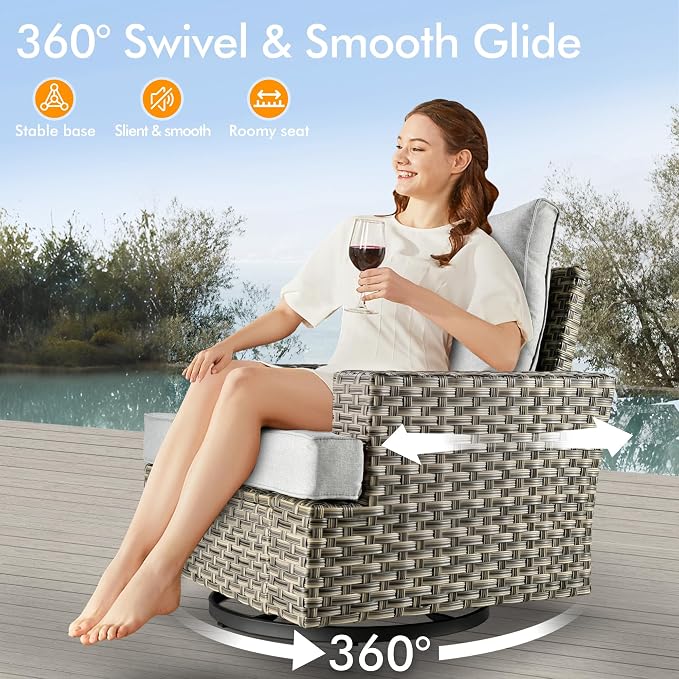 9 Pcs Outdoor Sectional Patio Furniture Set with Fire Pit Table and Swivel Rocking Chairs - All Weather Wicker Modular Outside Sectional Couch,Patio Seating Outdoor Conversation Sets,Grey
