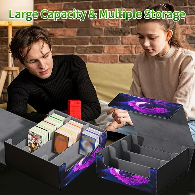 Large Card Deck Box for MTG, Fits 1200+ Sleeved Cards, PU Leather Storage Case with Strong Magnetic Closure, Multiple Colors for TCG CCG Baseball Card Collections, Purple Moon Tree