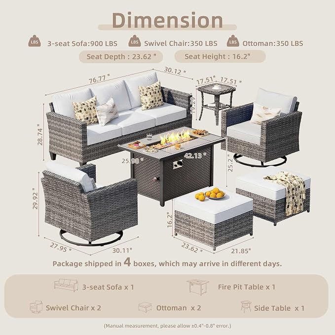 CAODOC 7-Piece Outdoor Wicker Patio Set with 7 Seats, Including 43" Fire Pit - Swivel Rocker Chairs and Conversation Set for Backyard or Lawn, Gray Rattan with Waterproof Gray Cushions