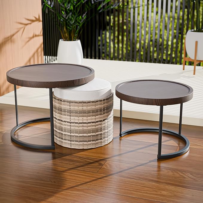 Cabana Chic Nesting Tables with Ottomans, Outdoor Round Side Table, Nesting Coffee Table Set, 2 Tables 1 Ottoman, Brown/Beige