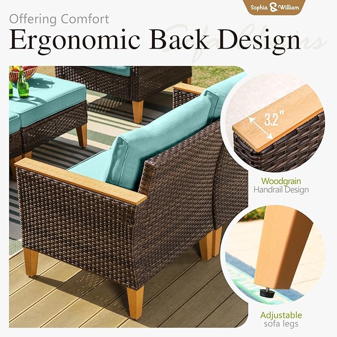 Sophia & William Outdoor Wicker Sectional Sofa Set, 10 Piece Half Moon Curved Patio Furniture Modern Outdoor Couch Conversation Set with Ottoman for Backyard, Pool, Garden(Aqua Blue)