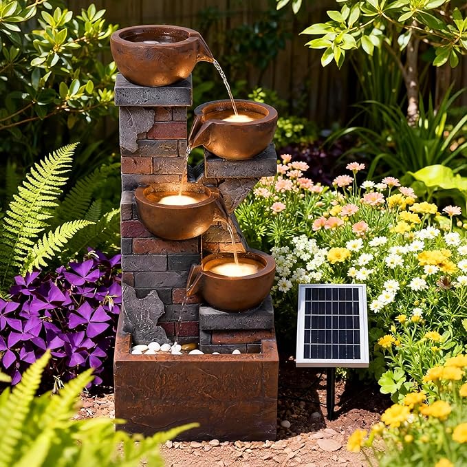 5 Tiers Solar Outdoor Water Fountain - 33.5" H Shape K Indoor Waterfall Fountain with LED Lights for Patio, Balconies, Lawns, Deck, Porch Backyard and Home Art Decor