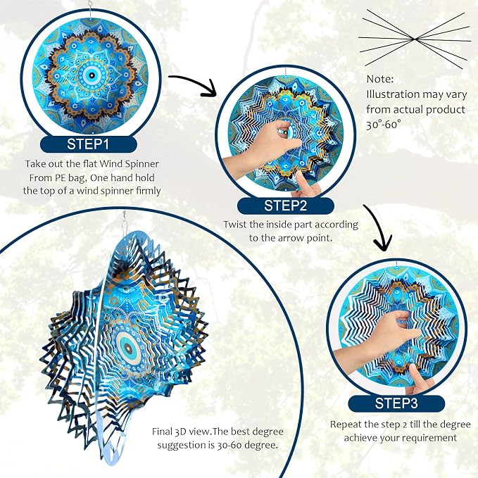 Aoedelyart Wind Spinners Outdoor Mandala Peacock Evil Eye‌,12In Stainless Steel Wind Spinner Hanging Garden Decor,Garden Gifts for Women,Men,Mother,Father,Wind Sculptures 3D Kinetic Yard Art Ornament