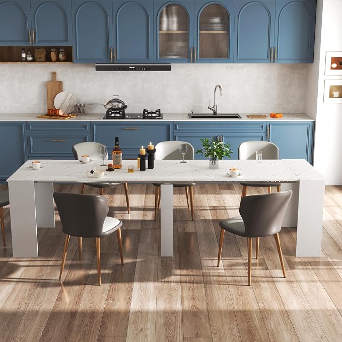 20.08”-118.11” Extendable Dining Room Table, 1-10 People Wood Long Foldable Tables with Storage Cabinet & Outlet, Space Saving Expanding Table with for Kitchen, Living Room, White Marble