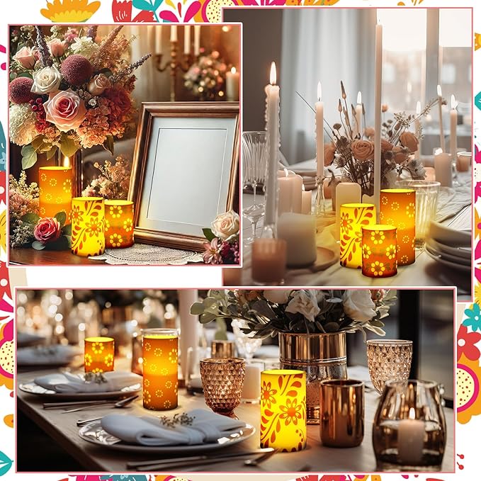 Baquler 3 Pcs Cielito Lindo Mexican Barro Flameless Candles with Remote Timer Battery Operated LED Flickering Pillar Platos De Barro Mexican Home Decor Talavera Decor Mexico Gifts Holiday Decorations