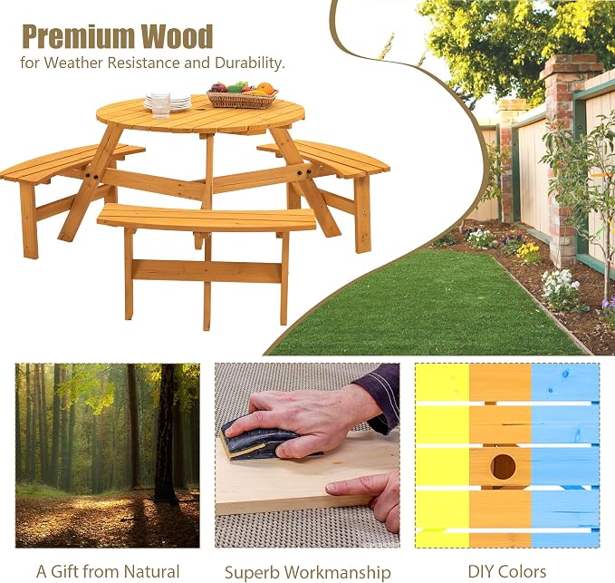 Thanaddo 6-Person Outdoor Circular Wooden Picnic Table, Camping Dining Table w/ 3 Built-in Benches, Outside Table Set with Umbrella Hole, 1720lb Capacity for Garden Patio Backyard - Natural