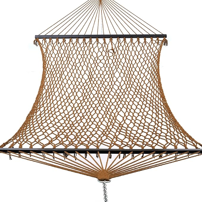 12ft Family Hammocks, Handwoven Traditional Cotton Rope Hammock with Hardwood Spreader Bar, Chains and Hooks for Indoor Outdoor, Max 450 lbs Capacity (Coffee Brown, Large)