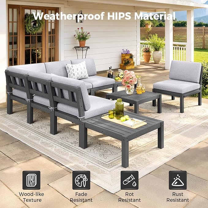 Modular Outdoor Patio Conversation Set, 6-Piece L-Shaped Sectional Sofa Set with Coffee Tables & Thick Cushions, Easy Side Interlock, HIPS All-Weather Patio Furniture Set for Backyard, Deck, Poolside