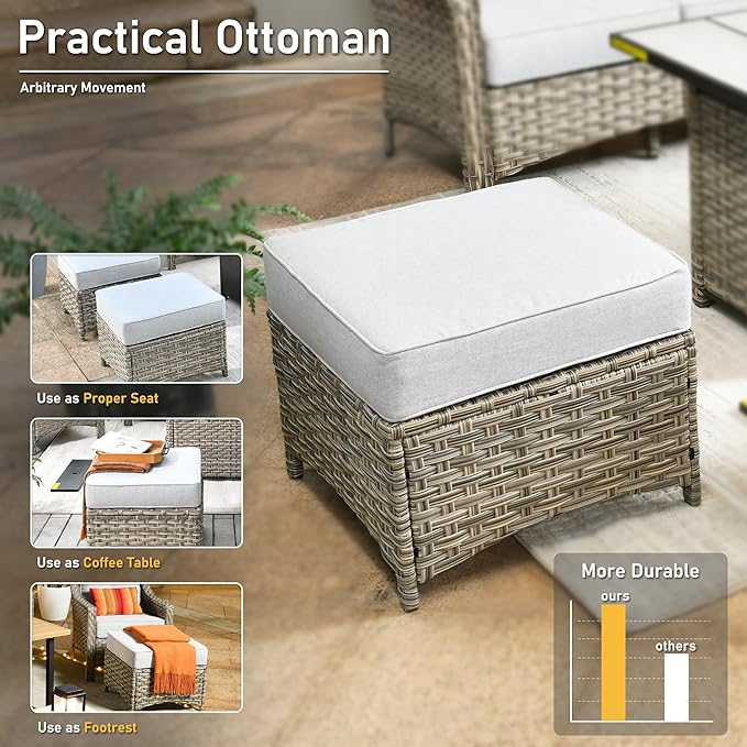 HOOOWOOO Patio Furniture Set,5 Pieces Wicker Outdoor Furniture,High Back Conversation Set with All Weather Resistant Swivel Chairs with Ottoman Side Table,Light Gray