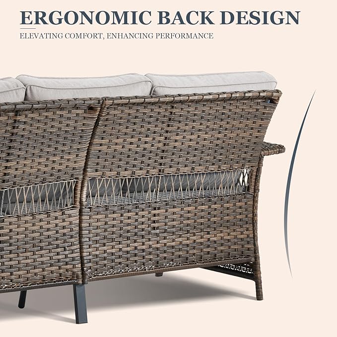 Patio Furniture Set 2 Wicker Patio Chairs 2 PE Rattan Ottomans with Beige Cushions Patio PE Rattan Sofa and Coffee Table Brown Wicker Patio Conversation Set 6pcs for Patio Backyard