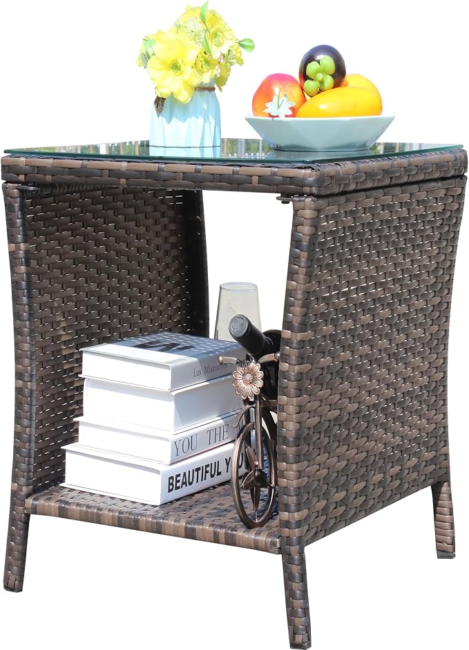 Outdoor Wicker Side Table, 19.25" Patio End Table with Storage & Tempered Glass Top, PE Rattan Coffee Table for Backyard Balcony Garden Lawn, 120 lbs Capacity, Brown