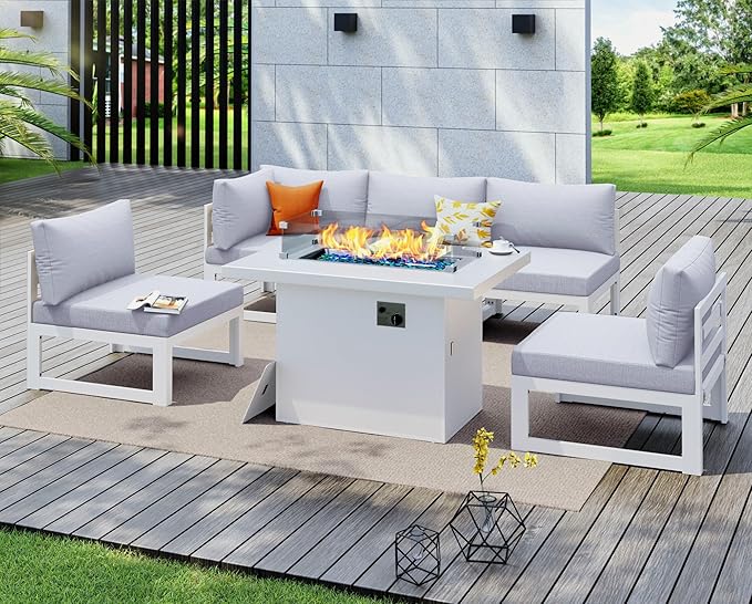 NICESOUL 6 Piece Aluminum Patio Furniture Set with Fire Pit Table Propane/Natural Gas, 29'' Deep Seating White Outdoor Sectional Sofa, Modern Large L-Shaped Conversation Couch for Deck, Light Grey