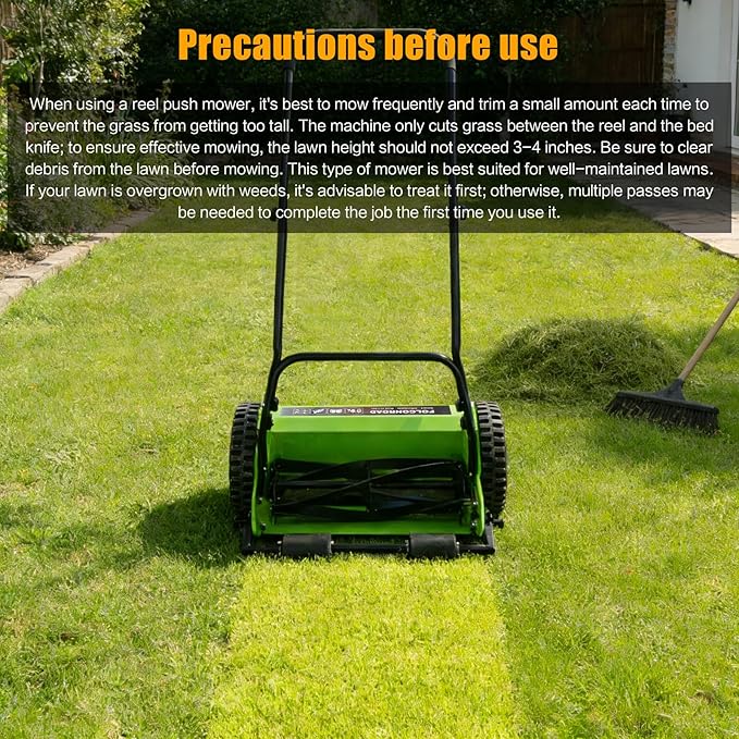 14-Inch 4-Blade Push Reel Lawn Mower, Manual Reel Push Mower, Walk-Behind Lawn Mowers, 5-Position Cutting Height Adjustment for Garden, Yard and Field, Suitable for 1-3 Inches of Grass