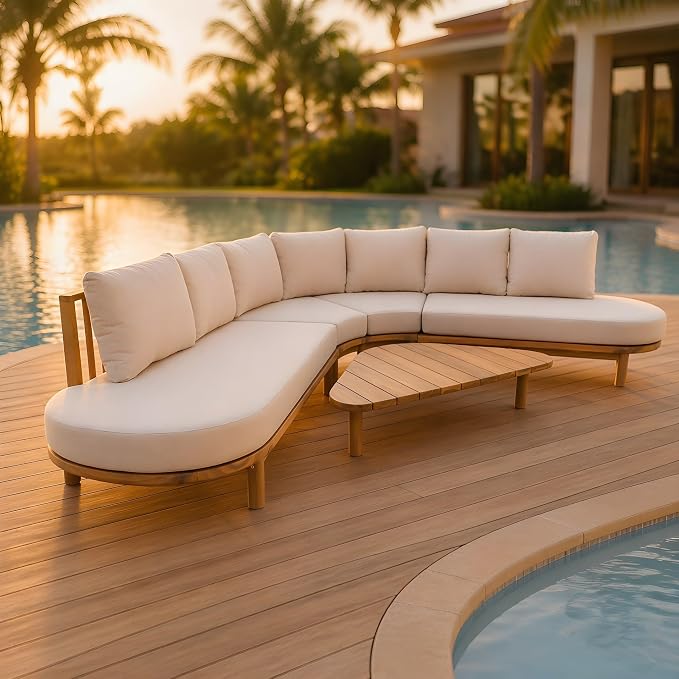 Merax 5 Piece Patio Outdoor Furniture Set, All Weather 118" Half Moon Sectional Sofa with Acacia Wood Frame & Waterproof Cushions,1 Coffee Table for Garden,Lawn,Backyard,Poolside,Beige+Light Teak