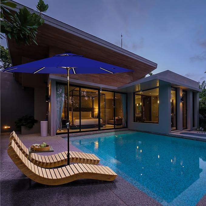 Midtown Umbrellas The LED Swilt 10 Feet Patio Umbrella With Terylast Midnight (Royal Blue) Polyester Fabric - Auto-Tilt Aluminum Frame With LED Lights For Backyard, Deck, Garden, Pool - Black Pole