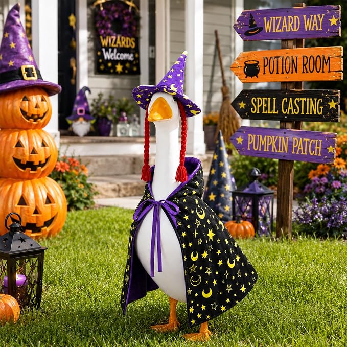 Watayo 2 Pcs/Set Halloween Witch Porch Goose Outfits, Purple Witch Goose Clothes Included Cape and Braid Hat, Spooky Porch Goose Accessories for 23 Inch Lawn Statue Garden Outdoor Decor