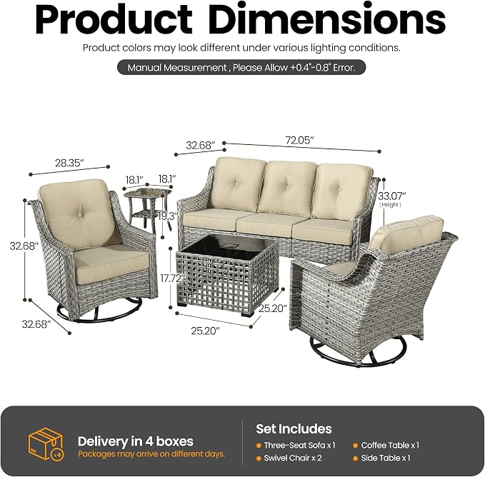 5 PCS Patio Conversation Set, All-Weather Rattan Wicker Outdoor Patio Furniture Sets with High Back Swivel Rocker Chair, Solar Light Coffee Table for Porch,Backyard,Balcony,Beige