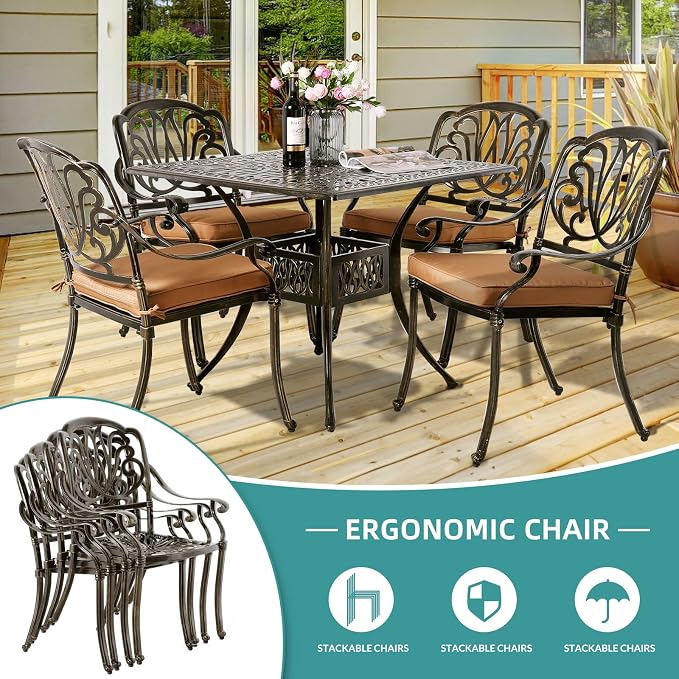MEETWARM 5-Piece Outdoor Patio Dining Set, All-Weather Cast Aluminum Patio Conversation Set for Backyard Garden Deck with 4 Chairs, 4 Cushions and 35.4" Square Table, 2.2" Umbrella Hole