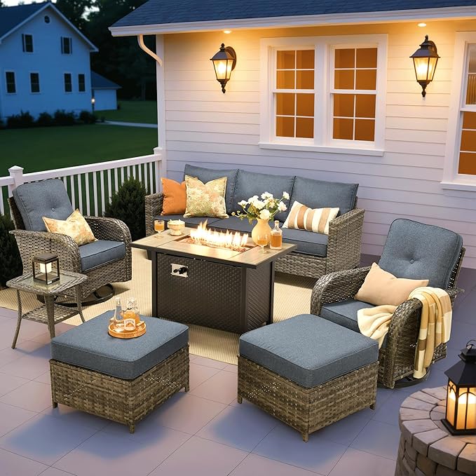 ovios 7 Pieces Patio Furniture Set, Outdoor Wicker Sofa Couch with Rocking Swivel Chairs Fire Pit Table, Modern Deep Seat Rattan Conversation Sets for Deck Porch, Denim Blue