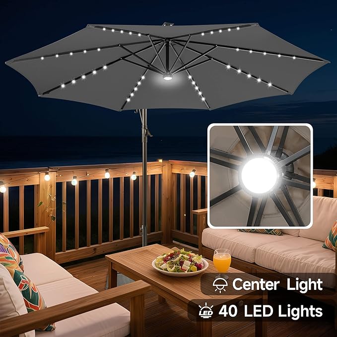 FLAME&SHADE 10ft Solar Cantilever Umbrella with 40 LED Lights, Lighted Large Offset Outdoor Patio Umbrellas, 8 Sturdy Ribs, UPF50+ UV Protection for Pool Deck Garden Yard, Anthracite