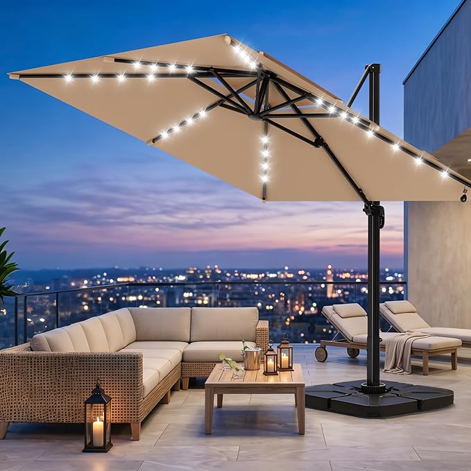 AreShark 10×10FT Solar LED Cantilever Umbrella with Base Included, Double-Top Outdoor Patio Offset with 360 Degree Rotation, Square Offset Hanging Umbrella for Garden Deck Pool, Beige