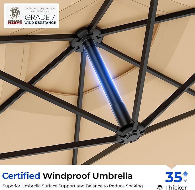 HOMSHADE 10FT Offset Patio Umbrella with Solar Lights, Outdoor Patio Umbrella with Base Included, Easy Tilt and UPF50+ Cantilever Market Hanging Umbrellas for Pool, Deck, Garden, Patio (Beige)