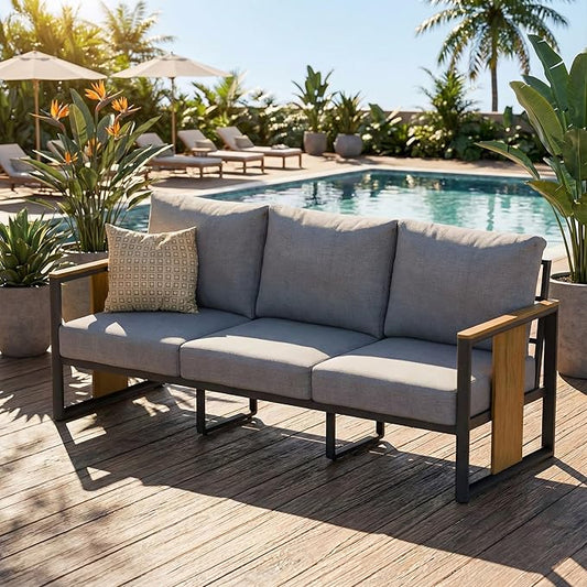 ZANDOR Outdoor Aluminum Patio Furniture 3-Seat Sofa All-Weather Outdoor Patio Sofa with Washable Thick Cushions, Patio Sectional Furniture for Porch, Balcony, Deck, Backyard