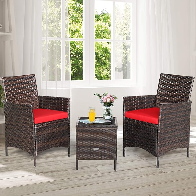 3 Pieces Patio Furniture Set, Wicker Outdoor Furniture with Water-Resistant Cushion & Tempered Glass Top Table, Conversation Set Bistro Set for Porch, Balcony, Backyard (Red)
