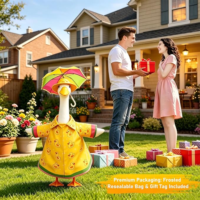 Porch Goose Raincoat Outfit 3Pc Set for 23 Inch Large Lawn Goose Statue - Yellow Waterproof Goose Clothes with Umbrella Hat -All Weather Outdoor Garden Patio Yard Front Porch Decor Goose Costume