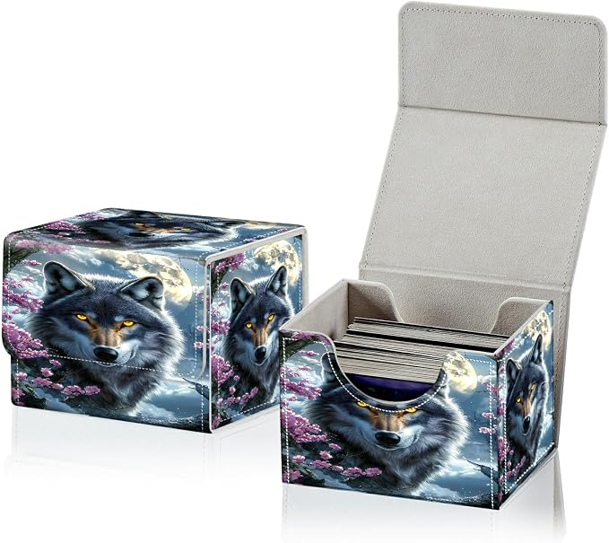 Card Deck Box for MTG, Cards Storage Box Fits 120+ Sleeved, Leather Small Size Strong Magnetic Closing Card Case for Board Games Magic TCG CCG Baseball Collection, Cherry Blossom Gray Wolf