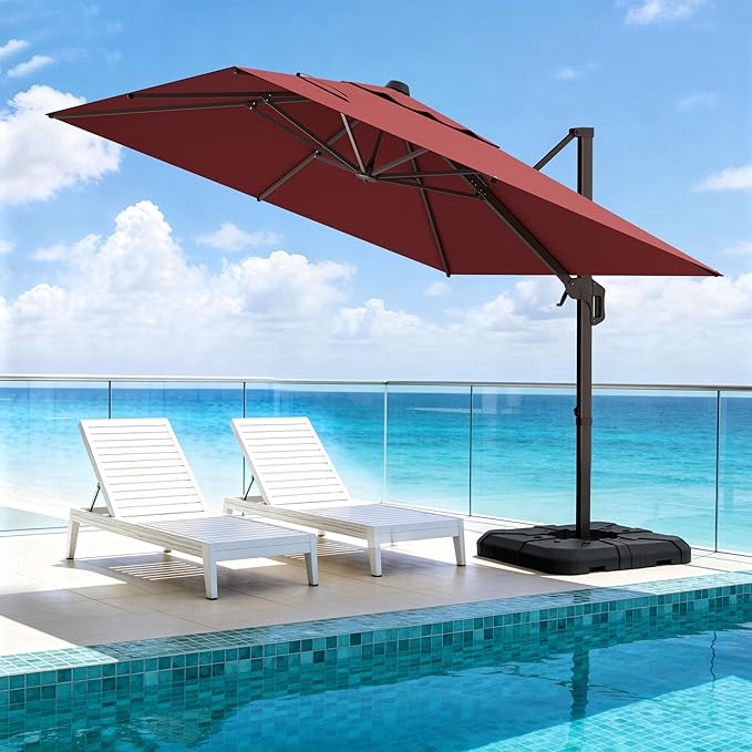 10' X 10' Patio Umbrella Cantilever Outdoor Rectangle Umbrella, Heavy Duty 360°Rotation Offset Umbrella for Garden Deck Pool Patio, Red