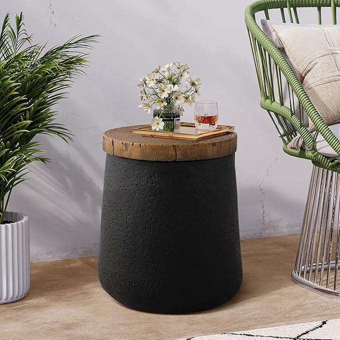 COSIEST Drum End Table Cylinder Shaped Concrete Side Table Faux-Wood Top, Black Outdoor Accent Table with Tree Trunk Slice Hand Painted, Accent Stool