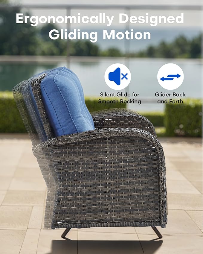 7 Pieces Patio Furniture-Patio Swivel Chairs Set of 2 Outdoor Glider Bench Rocking Chair with Patio Ottomans Patio Conversation Sets for Deck Porch Garden Balcony Poolside-Brown/Blue
