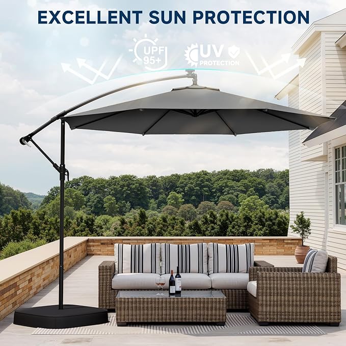 10FT Patio Umbrella with Base Included, Outdoor Offset Cantilever Umbrella, Infinite Tilt, UV Protection for Backyard, Lawn, Garden & Pool