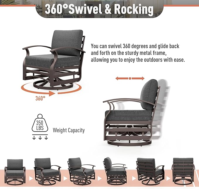 Kurapika Aluminum Patio Furniture Set 10-Seat Modern Metal Outdoor Conversation Sets w/Swivel Rocking Chairs Patio Sectional Sofa w/5.1 Inch Cushion, Black