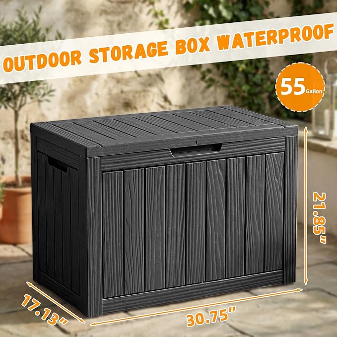 ROJIK Outdoor Storage Box, 55 Gallon Waterproof Deck Box, Weatherproof Resin Outside Storage Bin for Patio Furniture, Garden Tools, Pool Accessories, Cushion, Black