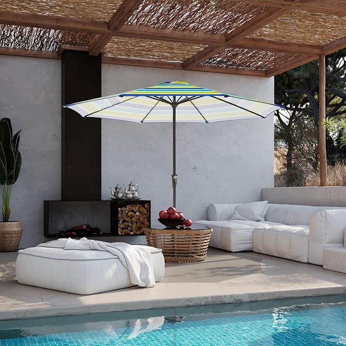 JEAREY 11' Patio Umbrellas Outdoor Table Market Umbrella w/Crank, 8 Sturdy Ribs, UV Protection Windproof for Garden, Deck, Backyard, Pool(Blue Green Striped)