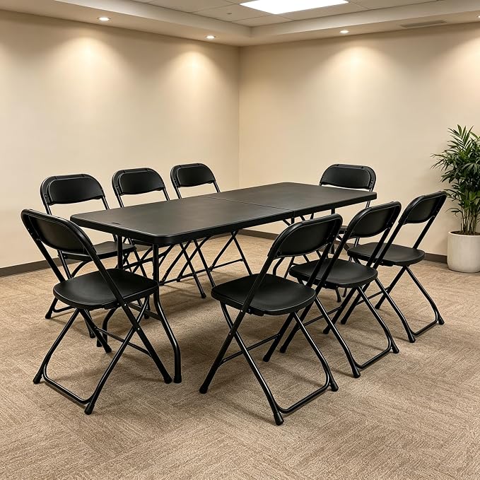 6FT Folding Table Set with 6 Plastic Folding Chairs, Black Heavy Duty Fold-in-Half Utility Table Chairs Sets for Picnic, Event, Training, Dining, Outdoor Activities Commercial Use