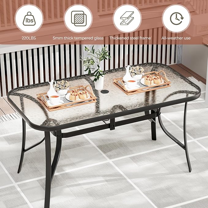 TLSUNNY 7 Piece Patio Dining Set for 6, Outdoor Table and Chairs W/1.69" Umbrella Hole & Metal Frame, 30"X 55" Rectangular Glass Table and Patio Textilene Stackable Chair W/Armrests, for Lawn Deck