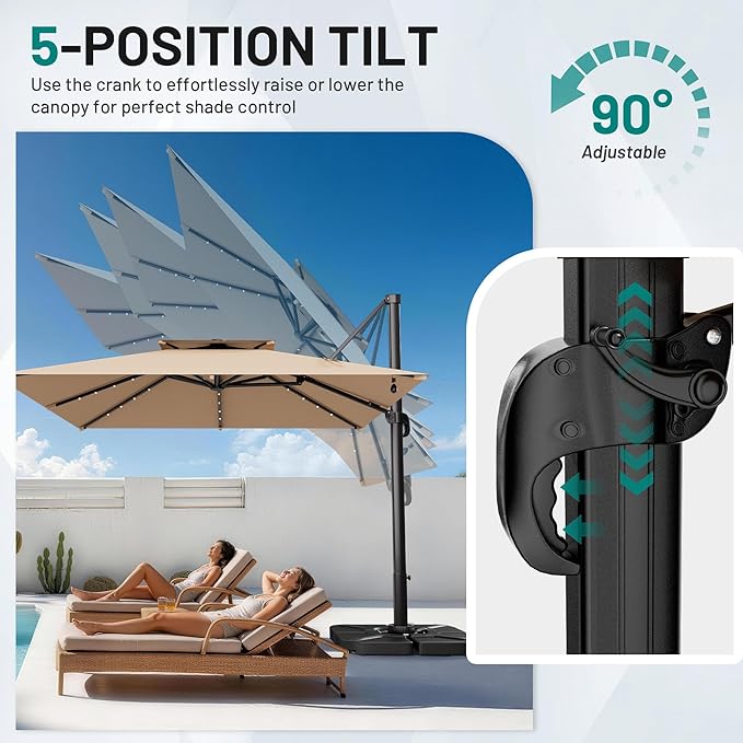 AreShark 10×10FT Solar LED Cantilever Umbrella, Double-Top Outdoor Patio Offset with 360 Degree Rotation, Square Offset Hanging Umbrella for Garden Deck Pool, Beige