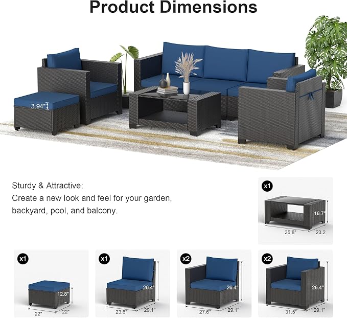 Patio Furniture Set, 7PCS Outdoor Sectional with Ottoman Wicker Rattan Patio Couch with Thickened Cushion Modular Wicker Patio Conversation Set with Glass Top Table for Balcony, Backyard (Dark Blue)