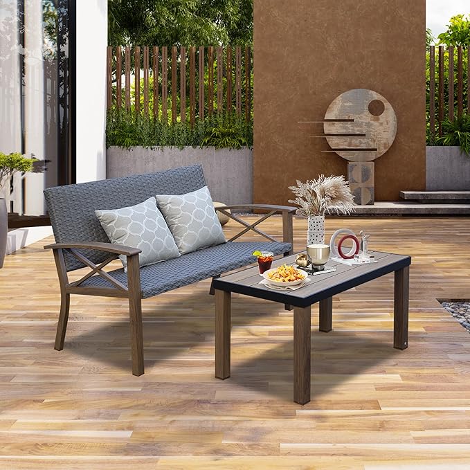 Domi Aluminum Patio Furniture Set, 2-Piece Modern Conversation Set with Cotton Padding Backrests and Seats, Outdoor Loveseat Metal Sofa Set with 5.5 Inch Cushion and Coffee Table for Balcony, Garden