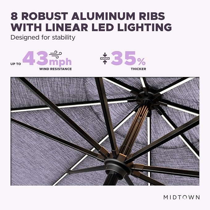 Midtown Umbrellas The LED Swilt 8 Feet Patio Umbrella With Terylast Purple Texture Polyester Fabric - Auto-Tilt Aluminum Frame With LED Lights For Backyard, Deck, Garden, Pool - Black Pole